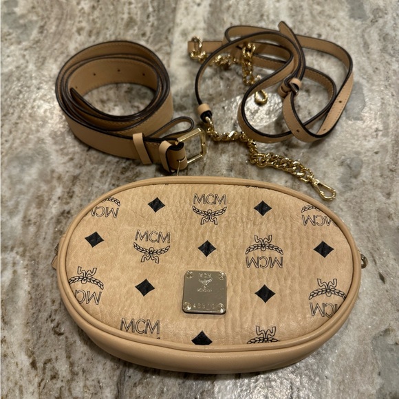Authentic MCM Small Essential Belt Bag Purse 3 Way Cream Beige Gold Hardware - Picture 9 of 12